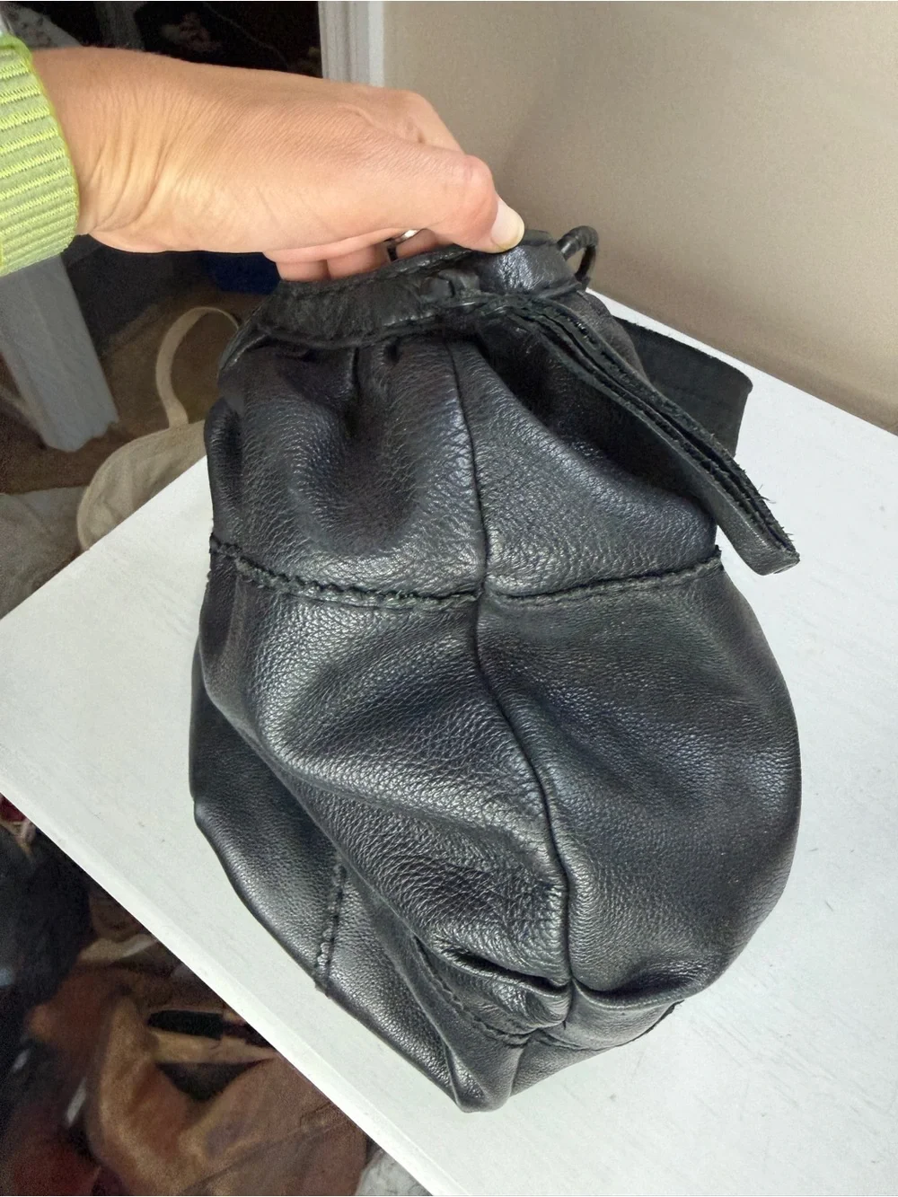 Lucky Brand Y2K Black Leather Drawstring Flower Hippie Hobo bag